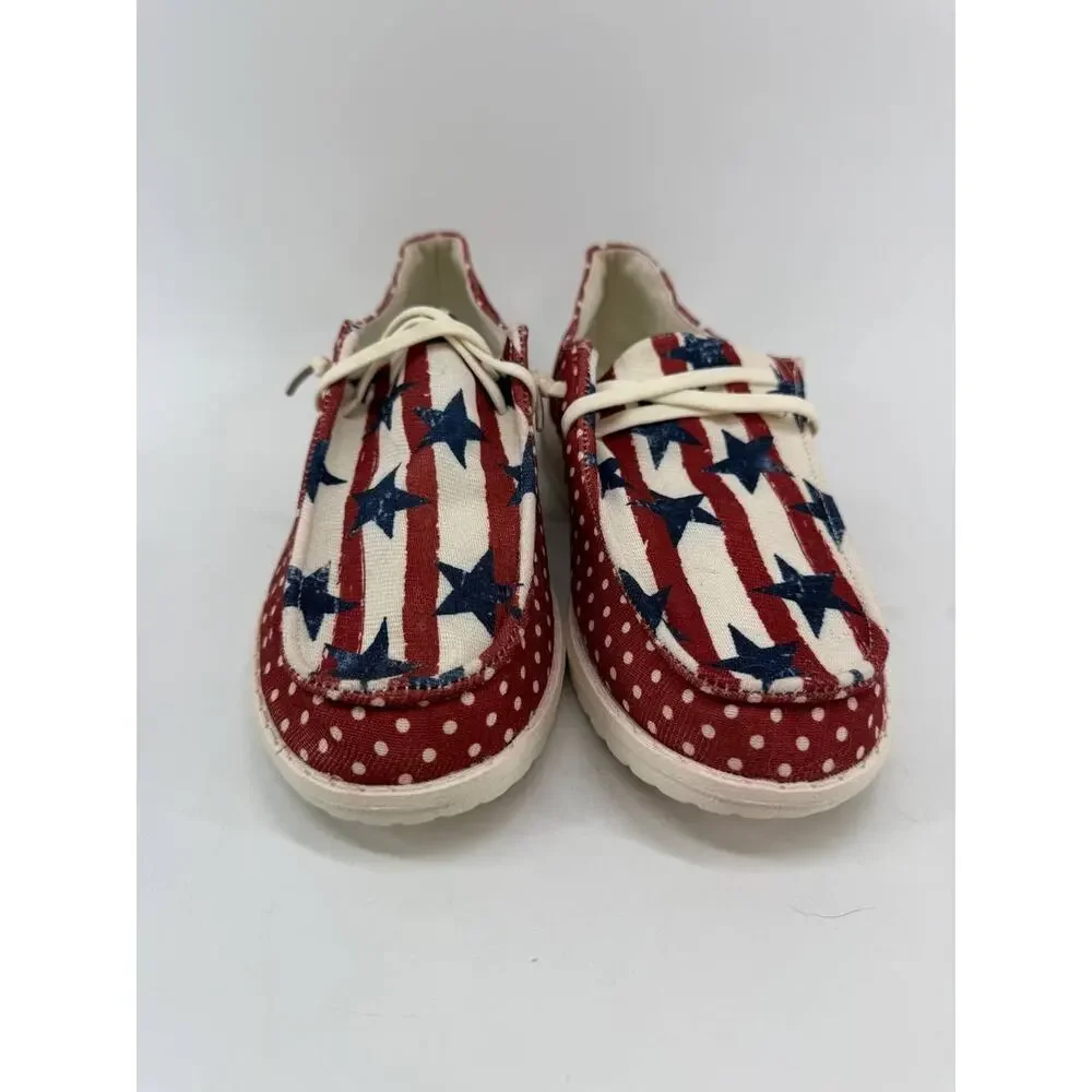 Womens American Flag Canvas Lace Up Boat Shoes Red White Blue EU 36